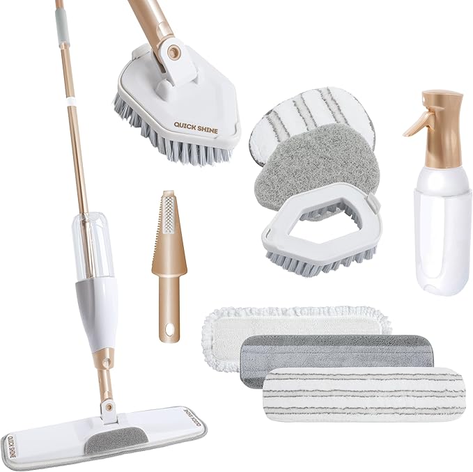 Quick Shine Ultimate Gold Spray Mop Kit | All-in-One 10 Piece Kit w/ Interchangeable Attachments | No Batteries Needed | Pro Cleaning System for All Floor Types | 2-in-1 Mop