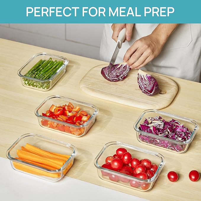 Vtopmart 5Pack 22oz Glass Storage Containers with Lids, Glass Meal Prep Food Container Sets with Snap Airtight Lids for Microwave, Oven