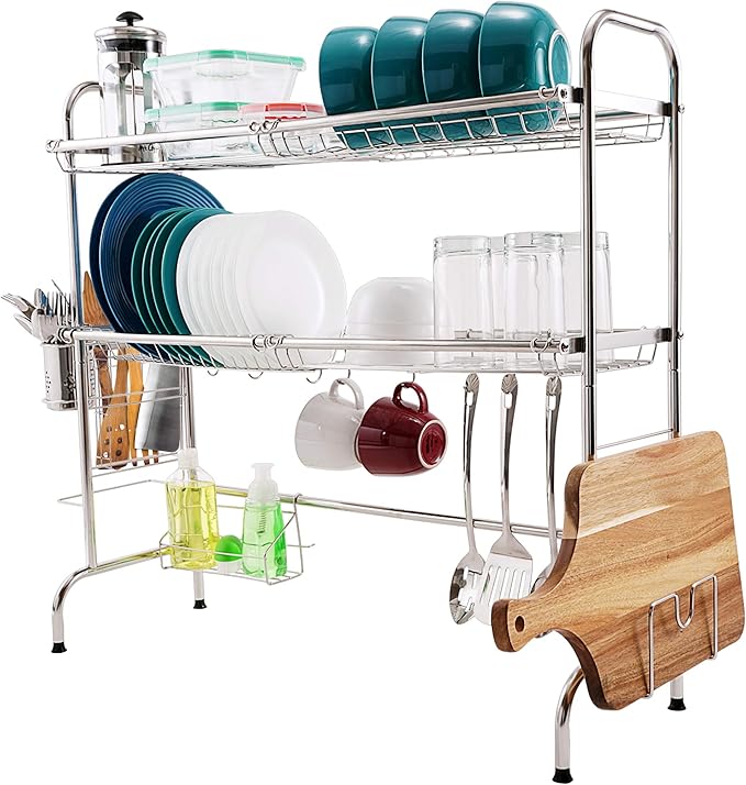 2 Tier Over The Sink Dish Drying Rack, Large Kitchen Counter Utensil Drainer w/ Non-Slip Rubber Feet, Stainless Steel Kitchen Countertop Shelf Organizer Stores Utensils, Cutting Board, Plates, Pots