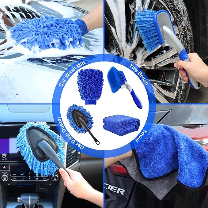 62'' Car Wash Brush Kit Mitt Mop Sponge with Long Handle, 1 Chenille Scratch-Free Replacement Head, Windshield Window Squeegee,Car Duster