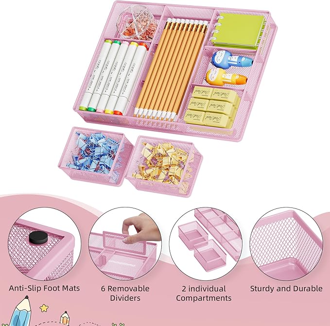 3 Packs Desk Drawer Organizers, Pink