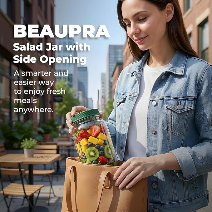 Premium Salad Pod with Dressing Container, Leakproof Lunch Container, Meal Prep Jar with Side Opening, Keeps Food Fresh & Organized for Work, Travel & On-the-Go Meals