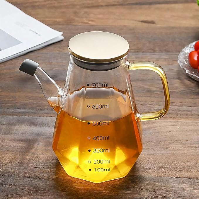 Glass Oil Dispenser Bottle - Glass Olive Oil Bottle for Kitchen, Wide Mouth Borosilicate Glass Cooking Oil Bottles with Lid and Handle (700ML)