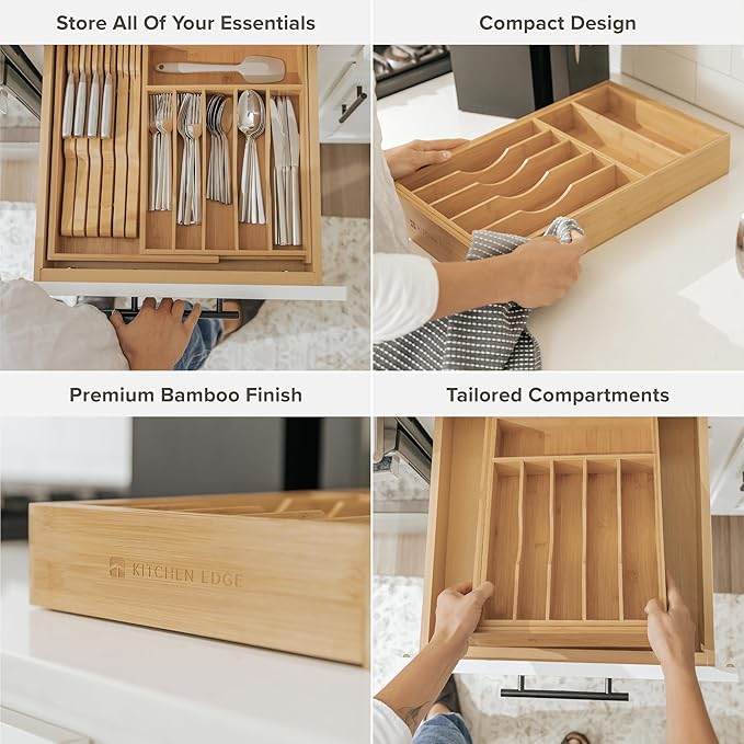 KitchenEdge Premium Silverware, Flatware and Utensil Organizer for Kitchen Drawers, Food-Safe Contract Grade, Expandable from 10.5 to 19 In, Natural Bamboo