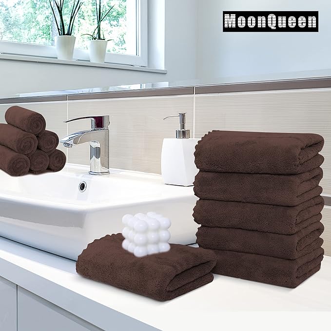 MOONQUEEN 6 Pack Premium Hand Towels - Quick Drying - Microfiber Coral Velvet Highly Absorbent Towels - Multipurpose Use as Hotel, Bathroom, Shower, Spa, Hand Towel 16 x 28 inches (Wood Brown)