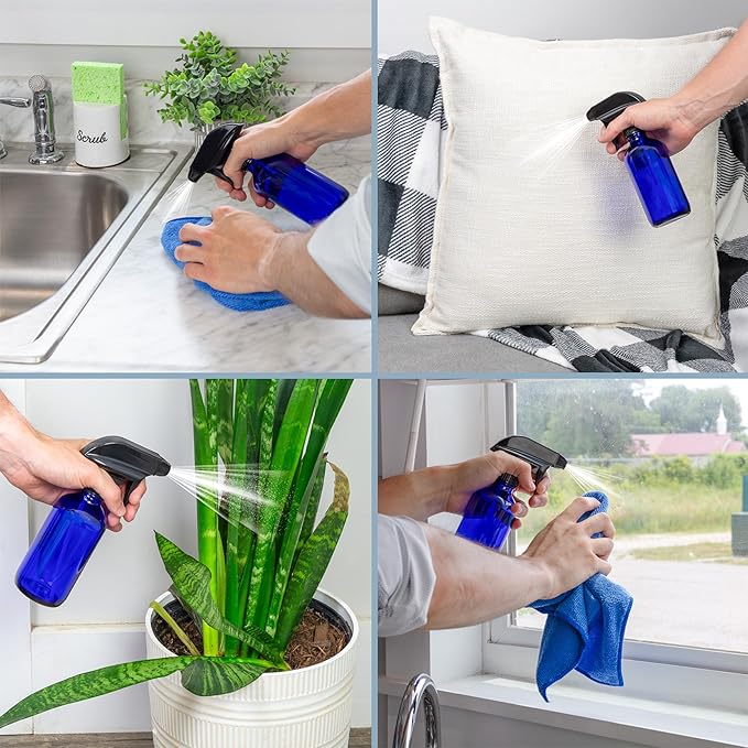 Cornucopia Brands 8-Ounce Cobalt Blue Glass Boston Round Spray Bottles (2 Pack) 3-Setting Heavy Duty Sprayers, Empty Refillable Bottle
