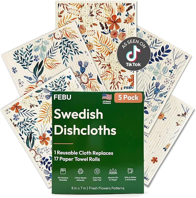 FEBU Swedish Dishcloths for Kitchen | 5 Pack Fresh Flowers Reusable Paper Towels Washable | Swedish Dish Towels | Non-Scratch Cellulose Sponge Cloths | No Odor, Biodegradable Cleaning Cloths