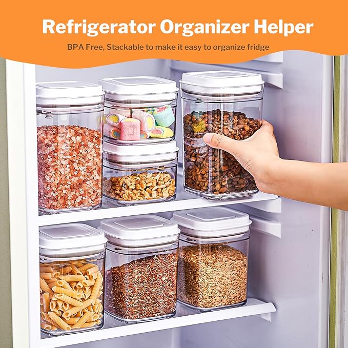 Pop Top Food Storage Container Set | 4Pcs Airtight Cereal Storage Organizer Canisters with Pop Lids, BPA-Free, Vacuum Seal & One-button Opening, Stackable Dry Food Storage(1.9qt*2,0.8qt,1qt