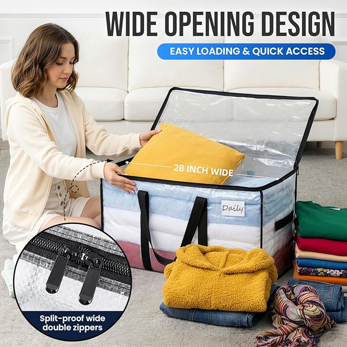 TAILI Extra Large Moving Bags, 4 Pack Clear Heavy Duty Totes For Storage with Visible Window, Wrap Around Handles, Storage Bags for Space Saving