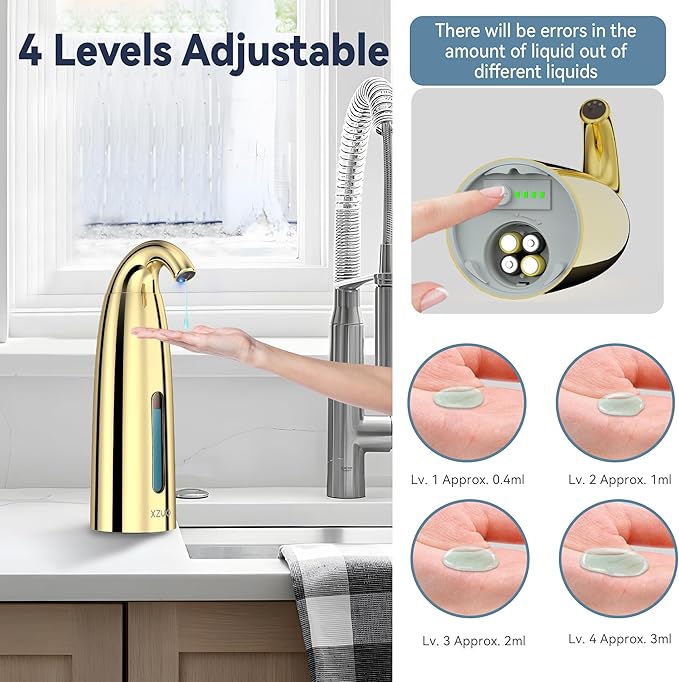 Automatic Soap Dispenser with Infrared Sensor - Adjustable 4-Level Touchless Hand Soap for Kitchen, Bathroom - Battery Operated Electric Dispenser, Durable Plastic, Smart Soap Holder (Battery Gold)