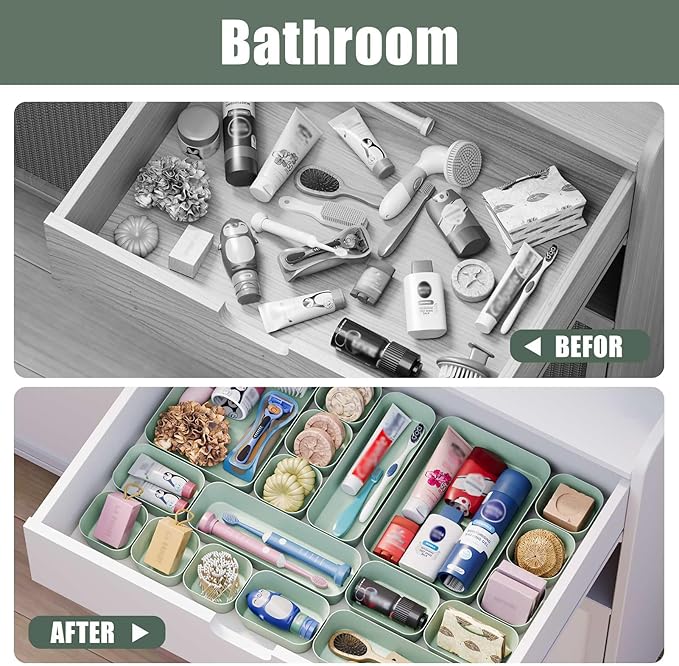 28 pcs Desk Drawer Organizer Tray, Multiple Sizes Plastic Drawer Organizer Storage, Stackable Organizer Containers For Makeup, Bedroom, Kitchen Gadgets Utensils and Office