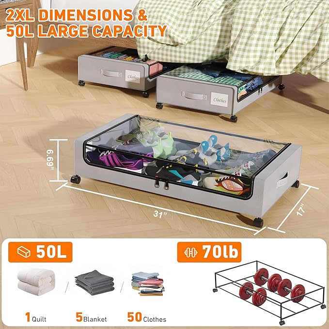 Under Bed Storage with Wheels, 2 Pack Under Bed Storage Containers with Clear Lids, XXL 65L Under Bed Storage Organizer