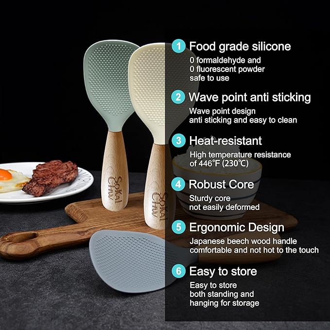 Standing Silicone Cooking Spoon and Rice Spoon with Wooden Handle, Great for Cooking, Mixing, Scoop, Scrape, Non stick Heat Resistant (Grey)