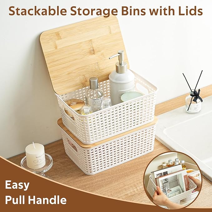 8 Pack Plastic Storage Bins with Bamboo Lids - Stackable Storage Baskets with Handle for Pantry Organizer and Storage