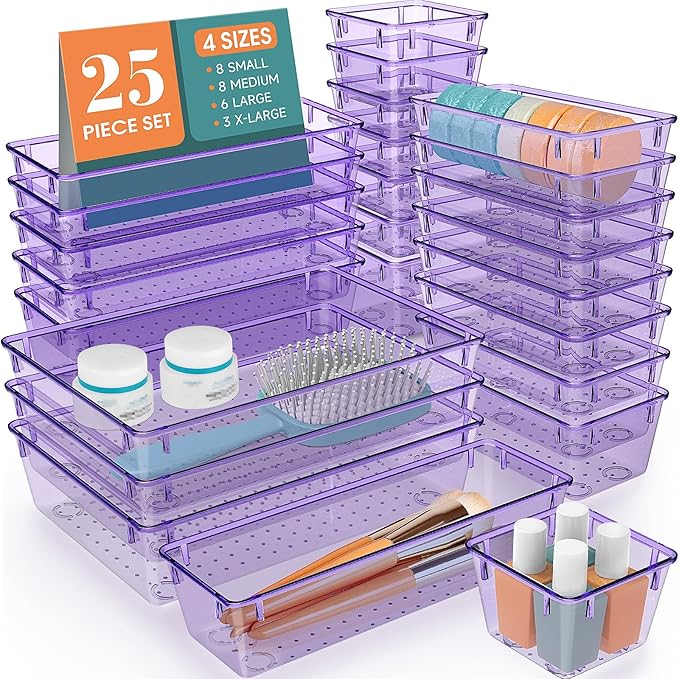 WOWBOX 25 PCS Plastic Drawer Organizer Set, Desk Drawer Divider Organizers and Storage Bins for Makeup, Jewelry, Gadgets for Kitchen, Bedroom