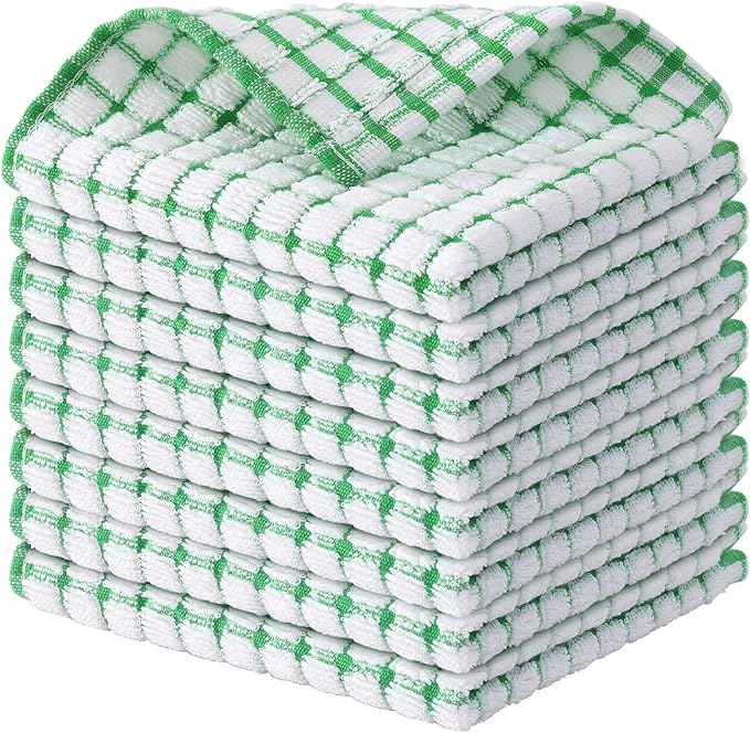 Kitinjoy Cotton 8 Pack Terry Kitchen Dish Cloths, 12 x 12 Inches Super Soft and Absorbent Dish Rags, Quick Drying Dish Towels for Washing Dishes, Green