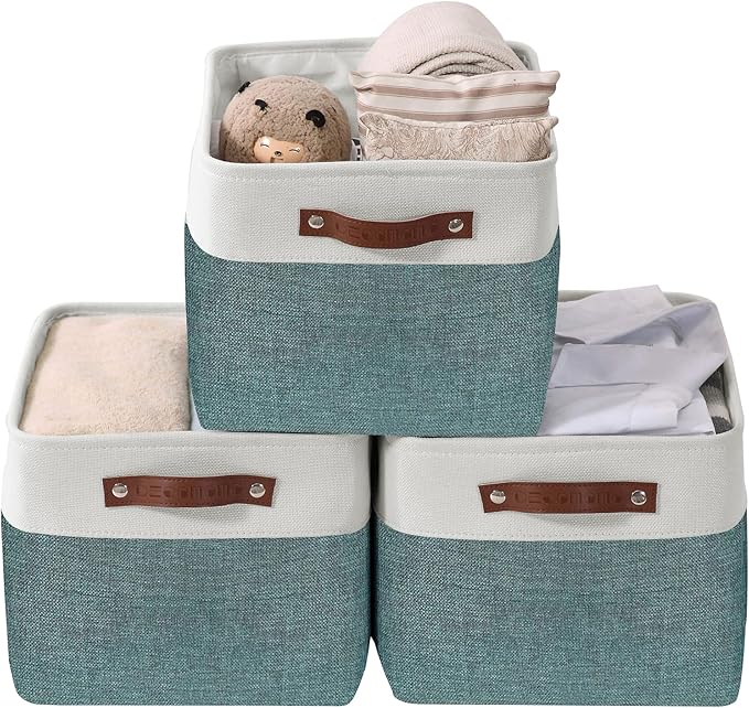 Storage Bins, Large Fabric Storage Baskets for Shelves, Green & White, 3 Pack