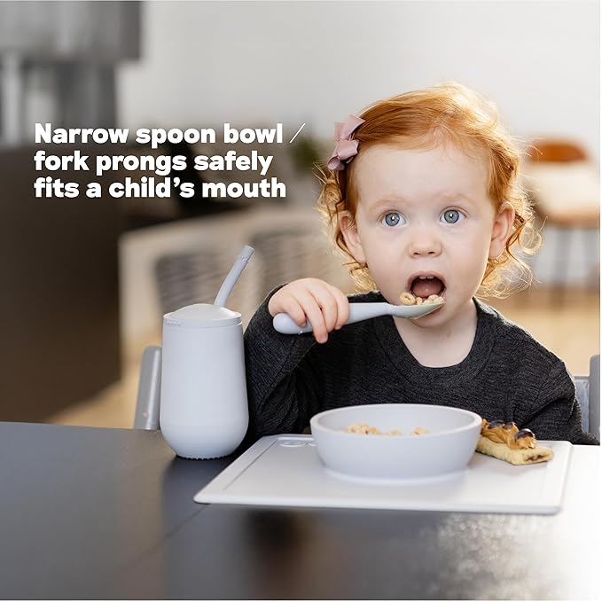 ezpz Happy Utensils (Blue) - 24 Months+ - BPA Free Toddler - Fork, Spoon and Knife for Toddlers and Preschoolers - Kids Utensils for Self-Feeding Development