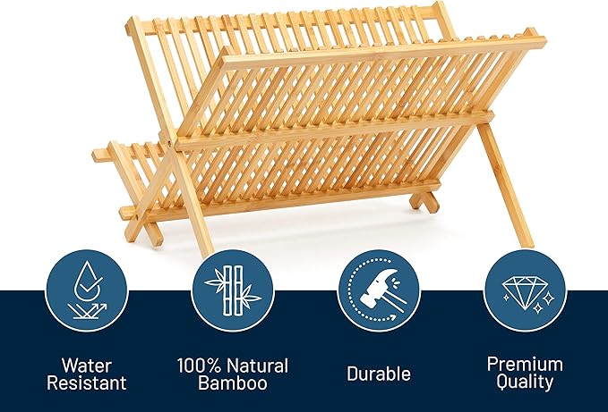 RoyalHouse Premium Natural Bamboo Dish Rack, Collapsible Dish Drainer, Foldable and Compact Dish Drying Rack for Kitchen Counter