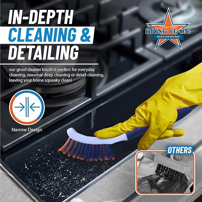 Bring It On Grout Cleaning Brush 6-Pack– Crevice Cleaning Brush with Stiff Nylon Bristles – 8-inch Heavy-Duty Grout and Tile Cleaner Brush – Scrubbing Brush for Corners, Bathroom, and Kitchen