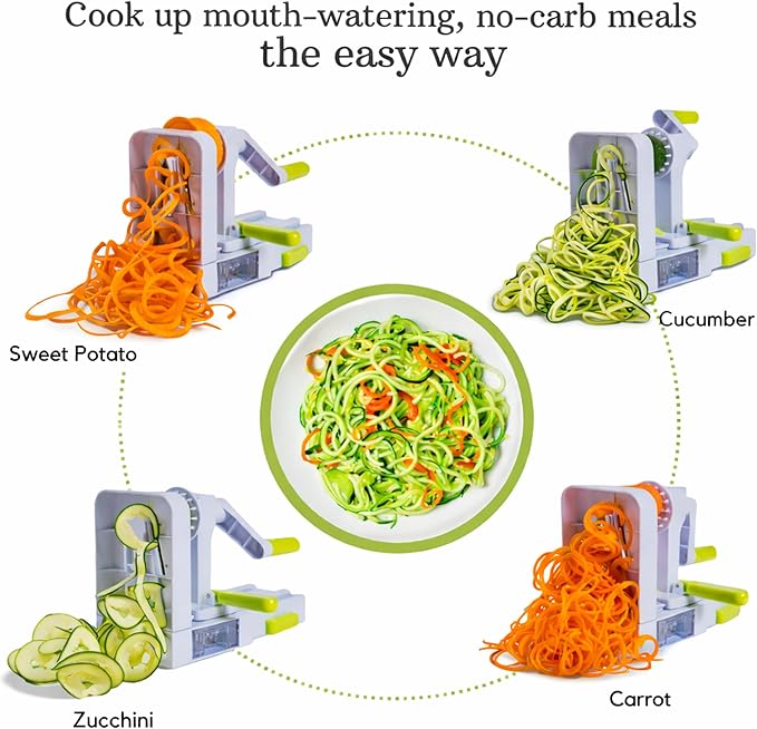 Brieftons QuickFold 5-Blade Spiralizer: Versatile & Compact Foldable Vegetable Spiral Slicer, Best Veggie Pasta Spaghetti Maker for Low Carb/Paleo/Gluten-Free with Brush & 4 Recipe Ebooks