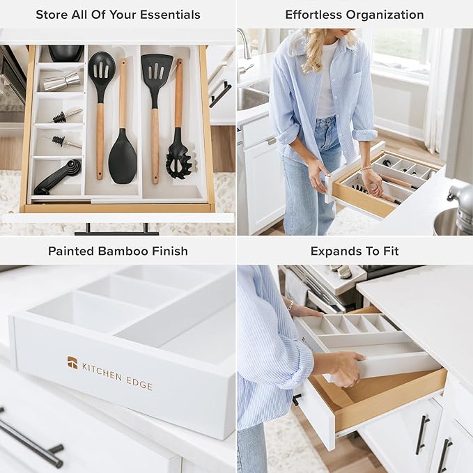 KitchenEdge Adjustable Kitchen Drawer Organizer for Utensils and Junk, Food-Safe Contract Grade with 100% Sustainable Wood