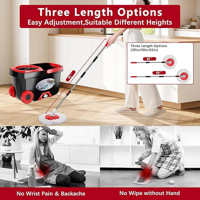 FunClean 360° Spin Mop and Bucket Set with Wringer, 6 Extra Microfiber Heads, 61" Extended Handle for Effortless Floor Cleaning, 2X Wheel Design - Black