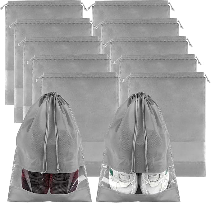 Large Gray Travel Shoe Bags, 10 Pcs with Clear Window, Non-Woven Drawstring
