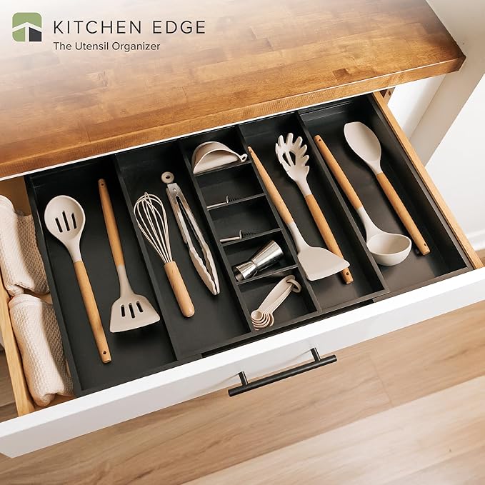 KitchenEdge Adjustable Kitchen Drawer Organizer for Utensils and Junk, Food-Safe Contract Grade with 100% Sustainable Wood