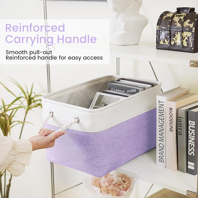 Large Storage Baskets- 15x11x10 inch Storage Bins for Shelves and Closet Organizing, Foldable Fabric Bin for Home Organization Clothes and Laundry (6-Pack, White&Purple)