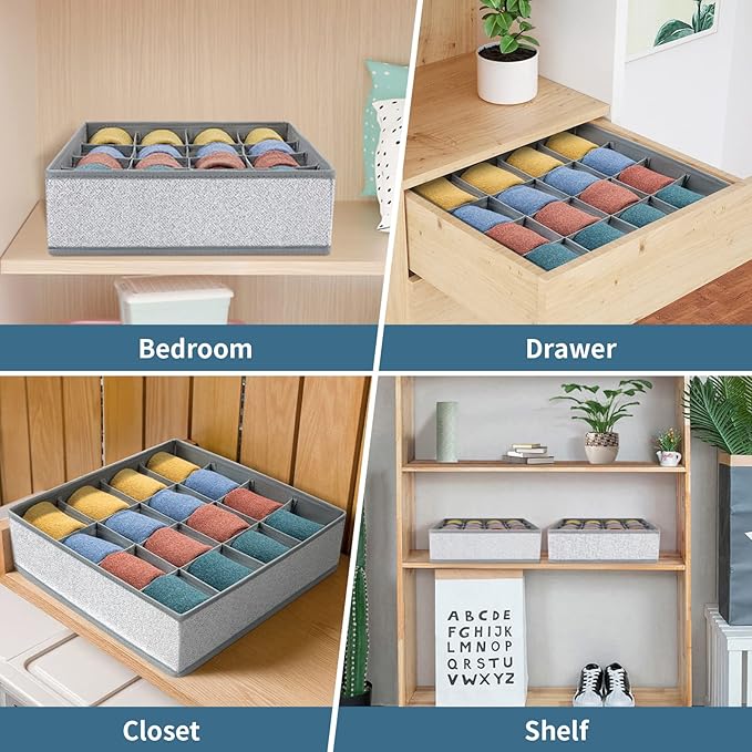 Joyoldelf Sock Drawer Organizer Divider Underwear Organizer 16-cell Fabric Dresser Drawer Organizers Storage Boxes for Socks, Lingerie, Handkerchiefs, Ties 2 Packs Gray