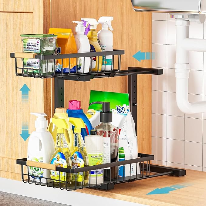 Liuoud Under Sink Organizer Storage 1 pack, 2 Tier Slide Out Height Adjustable Pull Out Cabinet Organizer Drawers, Kitchen Bathroom Large Capacity Metal Under Sink Rack Caddy Basket Shelves, Black