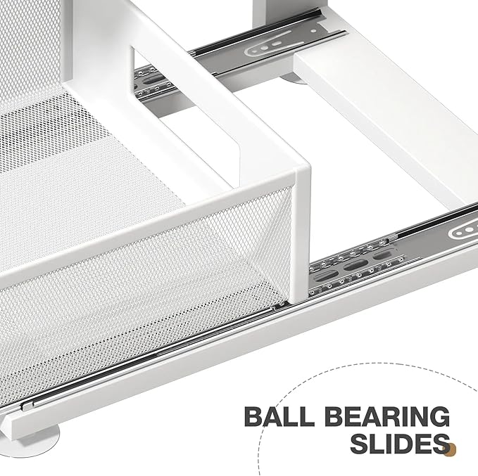1 Pack 15.74IN-Depth Under Sink Organizer with Next-Gen Ball-Bearing Slides,2-Tier Pull Out Cabinet Storage,Height Adjustable Drawer Shelf for Bathroom,Kitchen,Laundry,Cabinet,Pantry-White