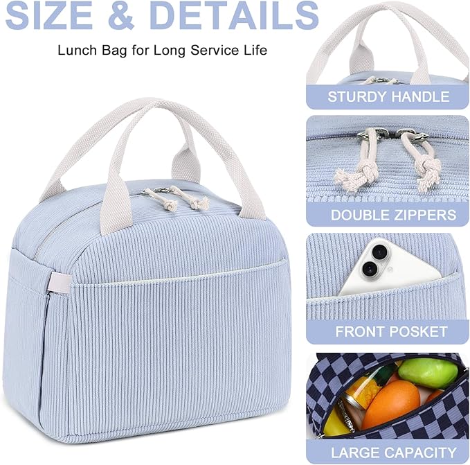 Bluboon Lunch Bag for Women Men Cute Corduroy Lunch Tote Bags Reusable Insulated Lunch Box Large Capacity Reusable Insulated Cooler for Work Picnic or Travel