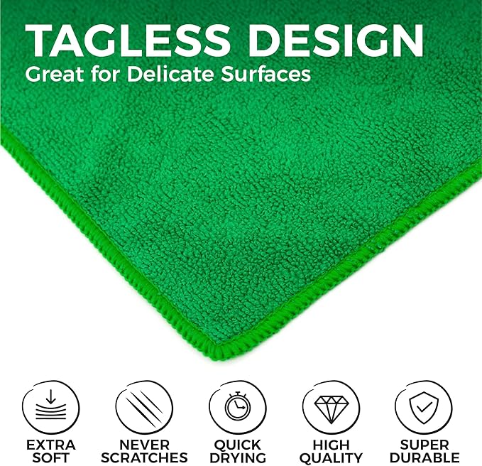 The Rag Company - All-Purpose Microfiber Terry Cleaning Towels - Commercial Grade, Highly Absorbent, Lint-Free, Streak-Free, Kitchens, Bathrooms, Offices, 300gsm, 12in x 12in, Green (12-Pack)
