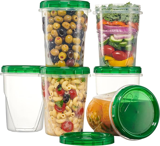 PLASTICPRO 12 Pack Twist Cap Food Storage Containers with Green Screw on Lid- 32 oz Reusable Meal Prep Containers