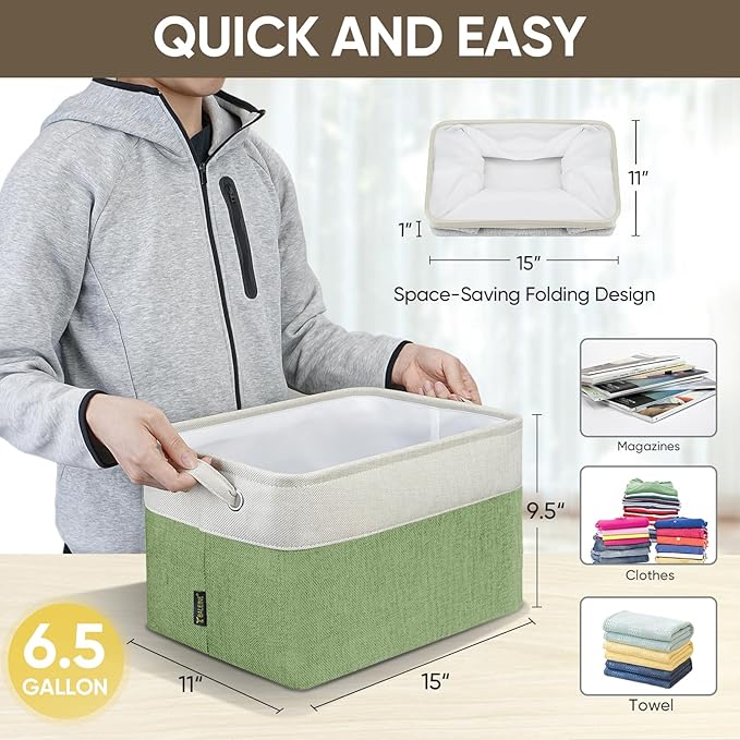 2 Pack Fabric Closet Storage Bins for Shelves, Green, 15''x11''x9.5''