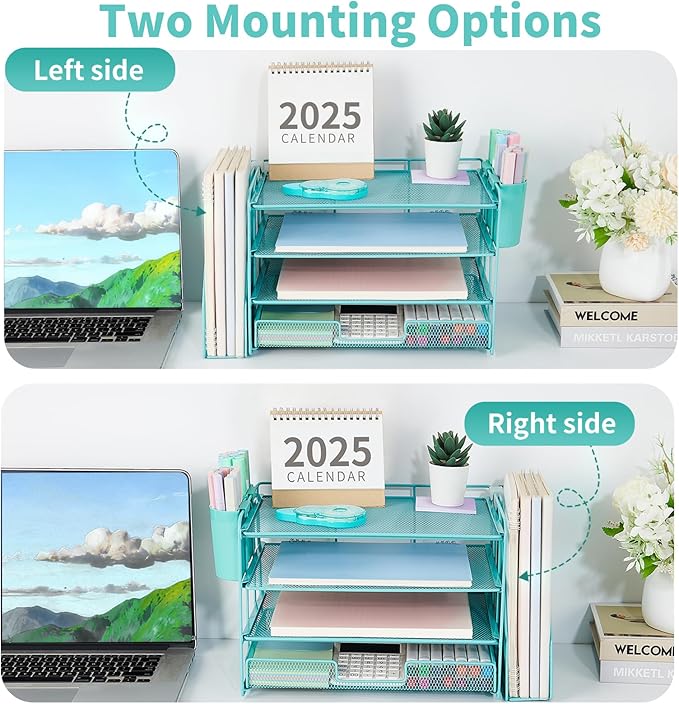 OPNICE Desk Organizer, 4-Tier Desktop File Organizer with Drawer and 2 Pen Holders, Office Desk Accessories, File Sorters