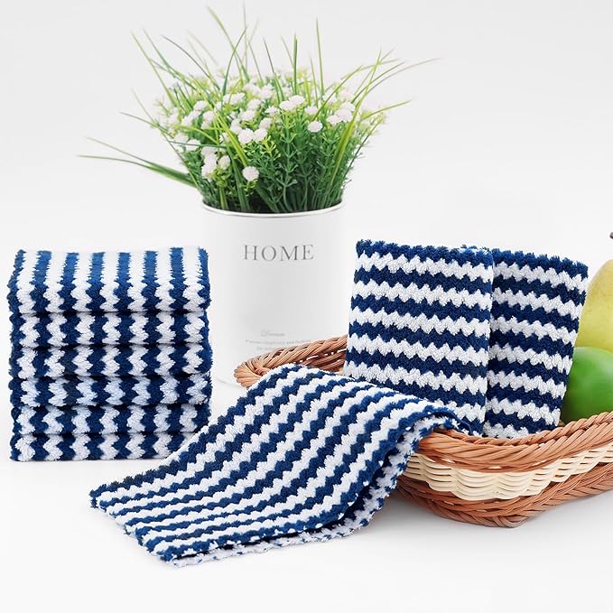 Homaxy 24 Pack Kitchen Dish Cloths, Ultra Soft and Absorbent Dish Towels, Reusable Fast Drying Microfiber Cleaning Cloth, Coral Velvet Wave Design No-lint, 10 x 10 inches, Navy Blue