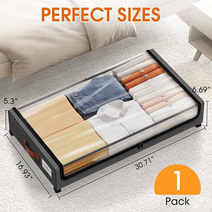 SpaceHacks Under Bed Storage with Wheels 1Pack Storage Containers with Clear Window&Label Under Bed Drawers Rolling Under Bed Storage for Clothes