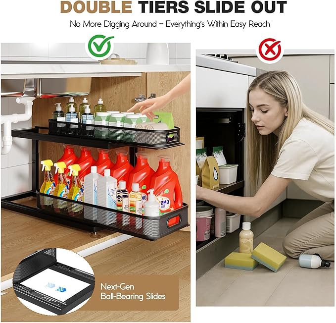 2-Pack 21.3 IN Depth Under Sink Organizer With Next-Gen Ball-Bearing Slides,Sophisticated Mesh 2-Tier Pull Out Shelf for Kitchen & Bathroom,Fits Small Items-Black