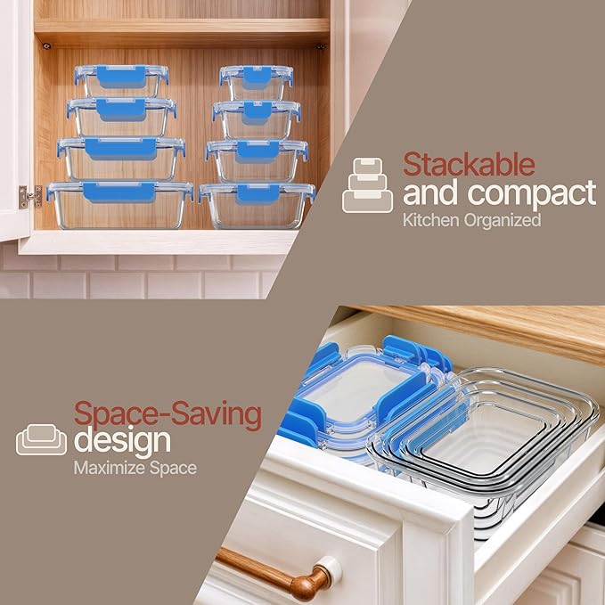 Bakken Borosilicate Glass Food Storage Containers with Lids 16 Pieces, Blue