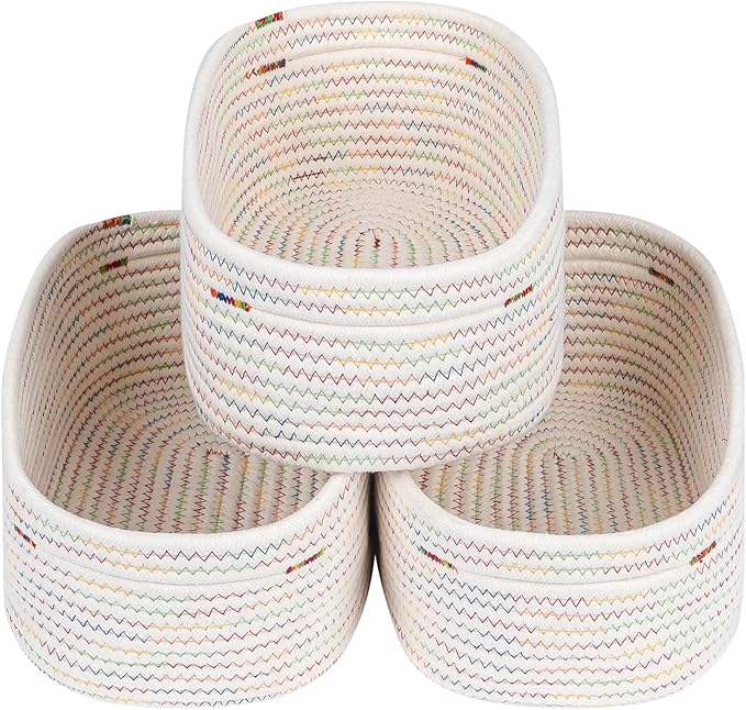 Rectangle Woven Cotton Rope Organizer, Small Rainbow Basket for Kids