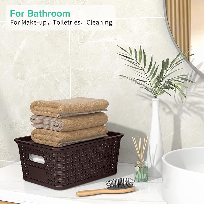 8-Pack Brown Plastic Storage Baskets with Lids, Label Organizers