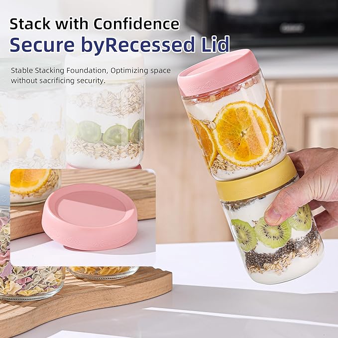 16 OZ Overnight Oats Jars with Lids 8 Pack, Glass Meal Prep Containers, Reusable Food Storage Jars, Airtight Mason Jars for Breakfast, Yogurt Parfait