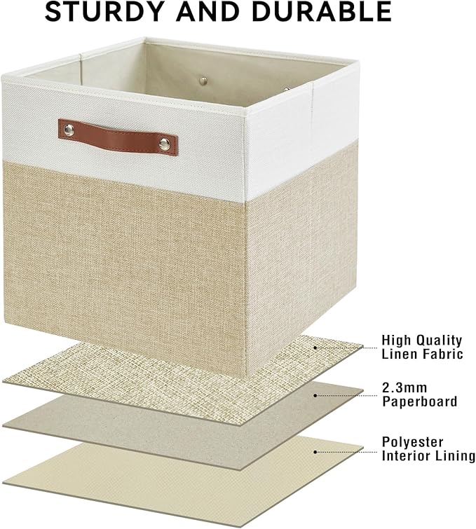 Bagnizer 13x15x13 Storage Cube Bins, Foldable Storage Organizer Baskets, Fabric Cube Storage Boxes with 2 Reinforced PU Handles for Kallax, Shelves, Living Room | 4 Pack, Beige & White