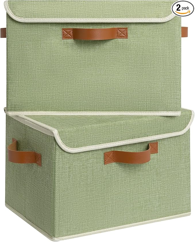 GRANNY SAYS Fabric Storage Bins with Lids, Decorative Storage Boxes with PU Handles, Keepsake Memory box, Shelf Baskets for Closet, Sage Green/White, Large, 2-Pack