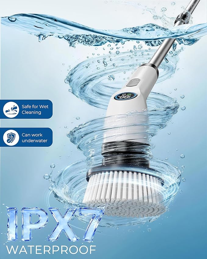 Electric Spin Scrubber, Rechargeable with Upgraded Battery & Extended Runtime, IPX7 Cleaning Brush, 3000mAh Battery 7 Brush Heads 2-Speed Adjustable Long Handle for Bathroom & Tile Floor Cleaning
