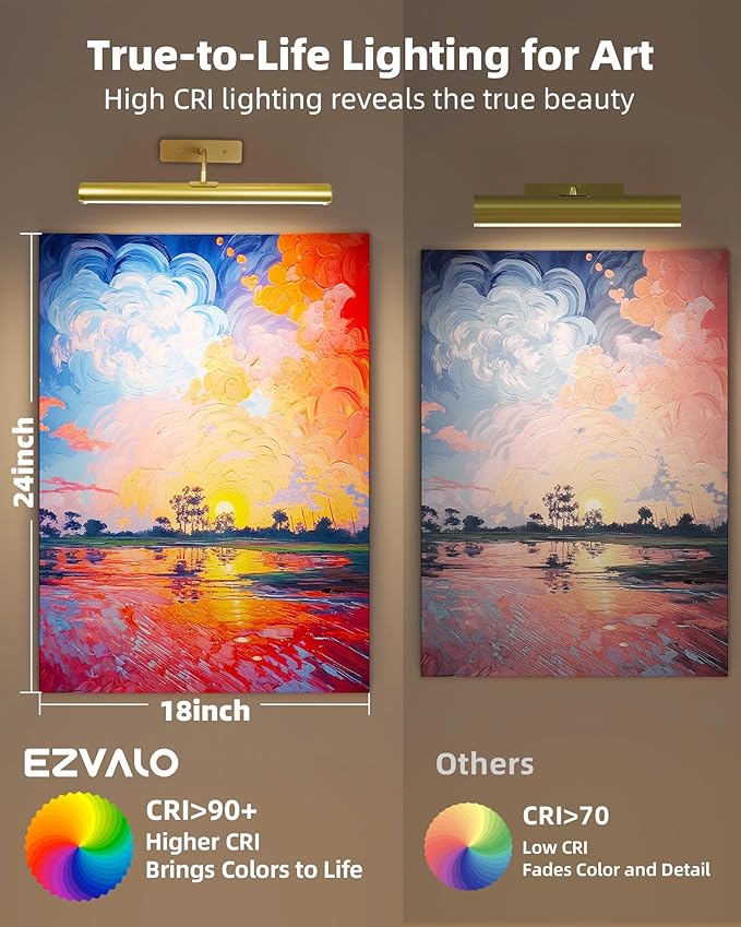 EZVALO 16" Picture Lights for Wall, Rechargeable 6000mAh Painting Lights with Remote, Wireless Dimmable 3 Color Temperatures Art Lights for Gallery, Living Room, Hallway (Gold, 3 Pack)