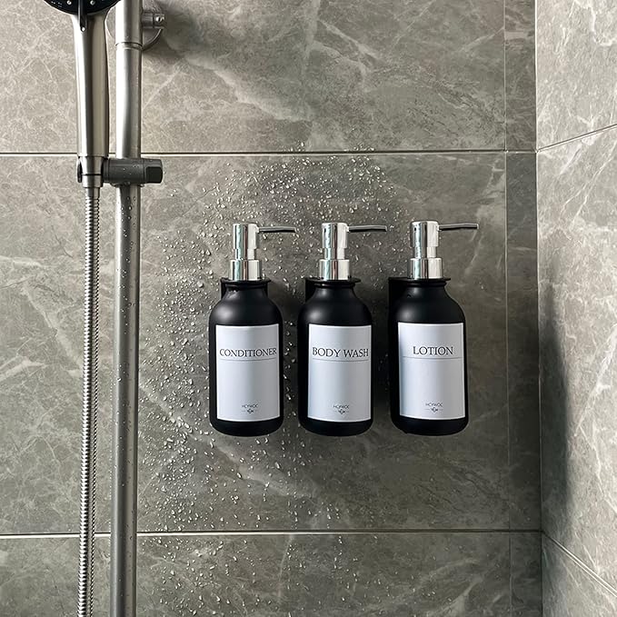 Shampoo Dispenser for Shower Wall, Shampoo and Conditioner Dispenser with 16 Waterproof Labels, No Drill Shower Soap Dispenser Bathroom, Shower Soap Dispenser Wall Mounted,17oz, 3 Pack, Silver Black